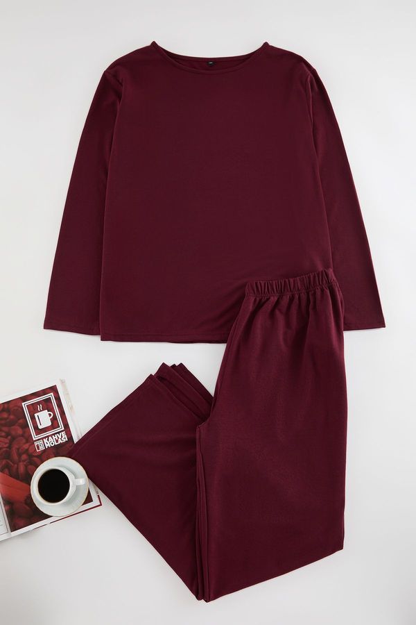 Trendyol Trendyol Curve Claret Red Knitted Pajama Set with Slits