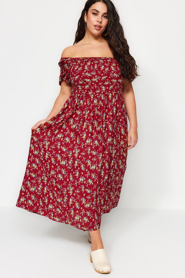 Trendyol Trendyol Curve Claret Red Patterned Weave Dress with Leggings on the chest
