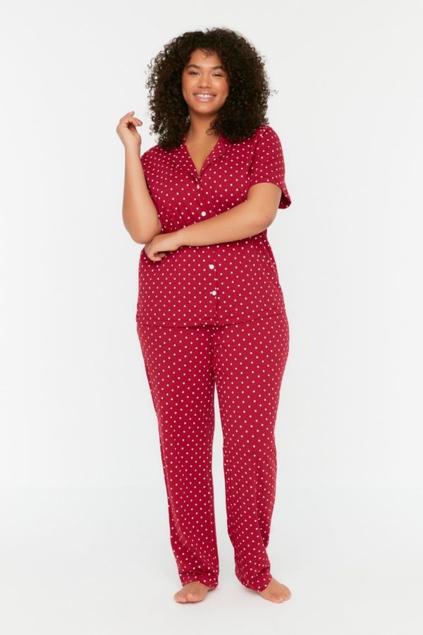 Trendyol Trendyol Curve Claret Red Polka Dot Patterned Shirt Collar Knitted Pajama Set