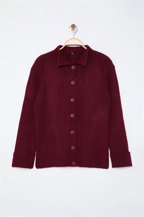 Trendyol Trendyol Curve Claret Red Soft Textured Stand Collar Knitwear Cardigan