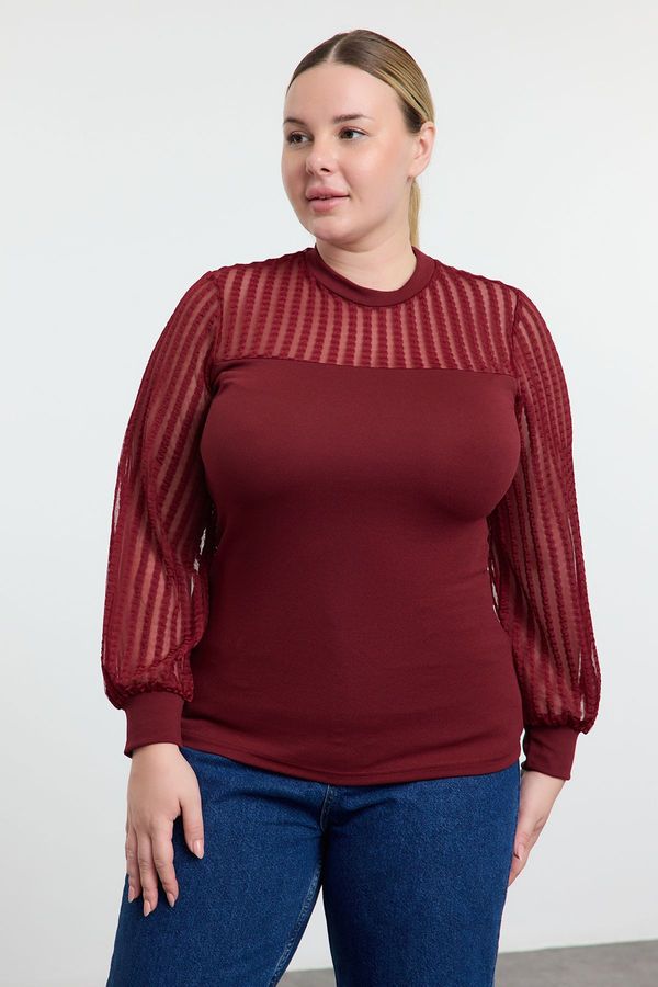 Trendyol Trendyol Curve Claret Red Stand Collar Lace Knitted Plus Size Blouse