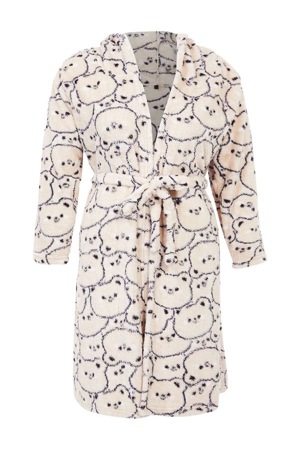 Trendyol Trendyol Curve Cream Teddy Bear Printed Wellsoft/Plush Knitted Dressing Gown