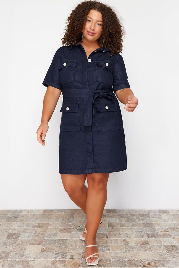 Trendyol Trendyol Curve Dark Blue Belt Detailed Mini Denim Shirt Dress