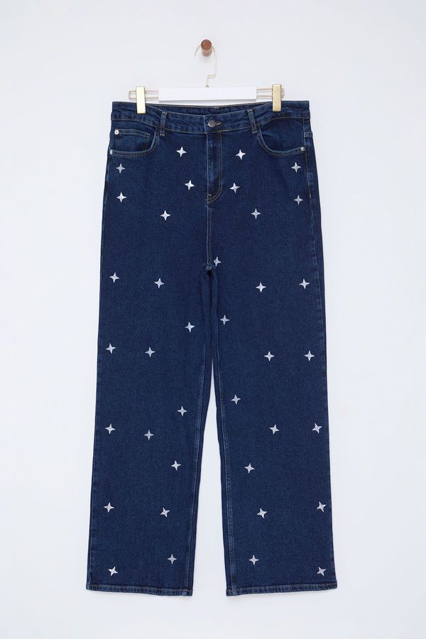 Trendyol Trendyol Curve Dark Blue High Waist Star Printed Straight Fit Plus Size Jeans