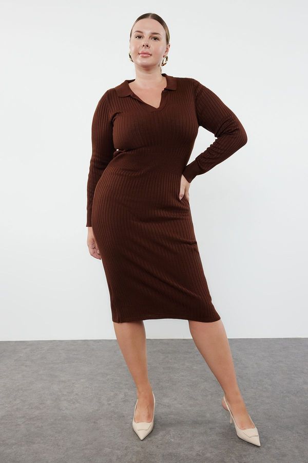 Trendyol Trendyol Curve Dark Brown Polo Neck Ribbed Knitwear Dress