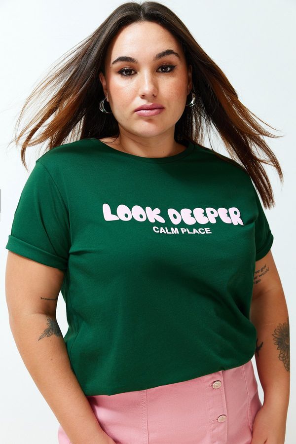 Trendyol Trendyol Curve Dark Green Slogan Printed Boyfriend Knitted T-shirt