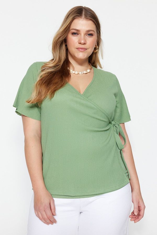 Trendyol Trendyol Curve Dark Mint Double Breasted Tie Detailed Knitted Blouse
