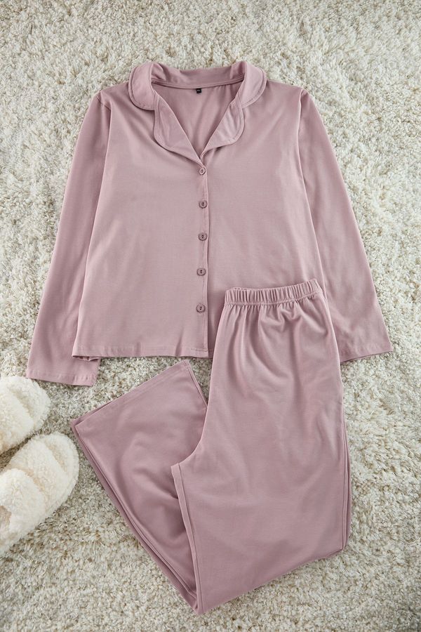 Trendyol Trendyol Curve Dark Skin Color Shirt Collar Piping Knitted Pajama Set