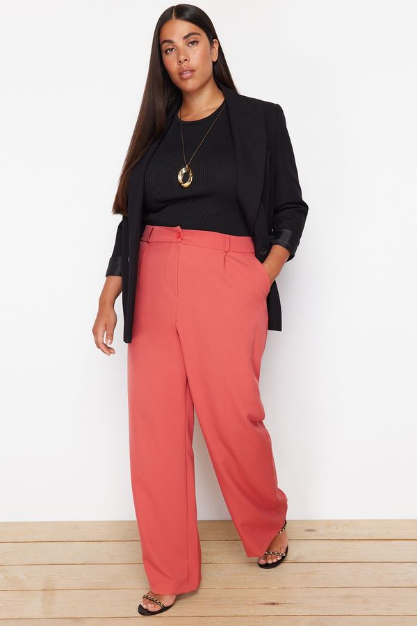 Trendyol Trendyol Curve Dusty Rose High Waist Wide Leg Wide Leg Pleated Woven Fabric Trousers