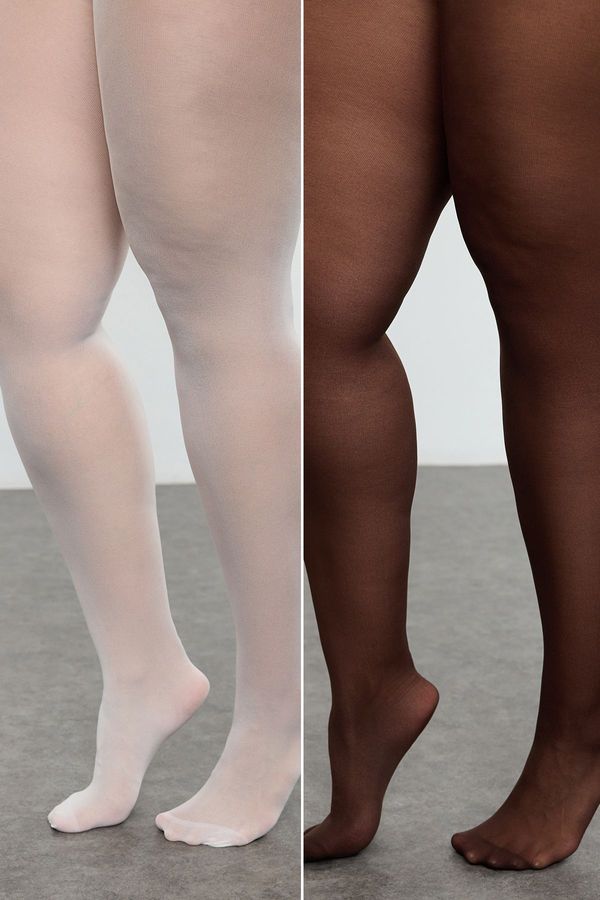 Trendyol Trendyol Curve Ecru-Brown 2 Pack Super Opaque Pantyhose Large Size 40 Density