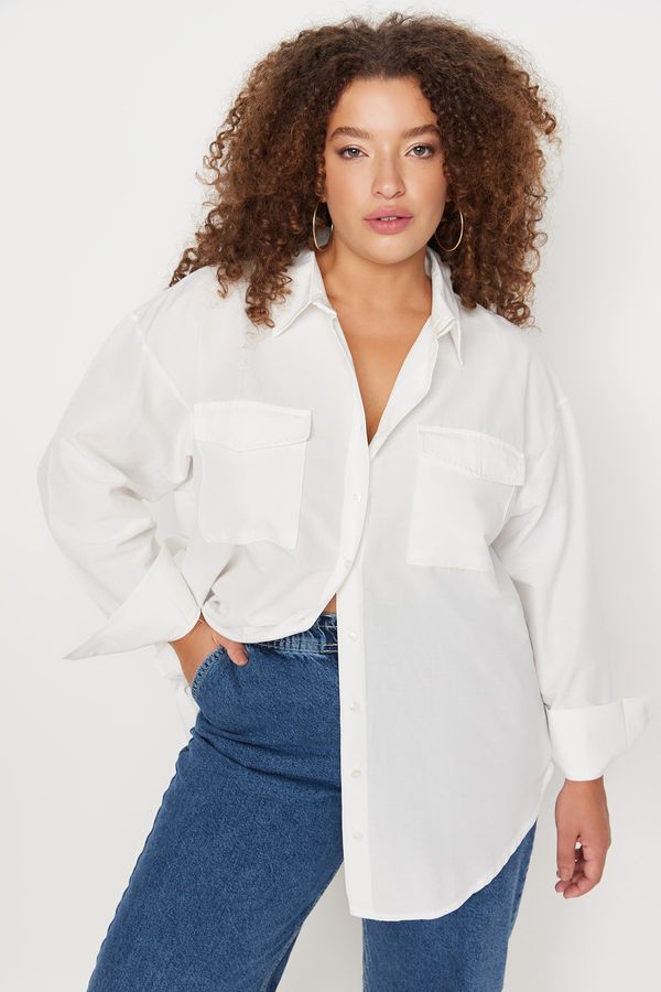 Trendyol Trendyol Curve Ecru Cotton Long Sleeve Double Pocket Skirt Slit Poplin Woven Plus Size Shirt