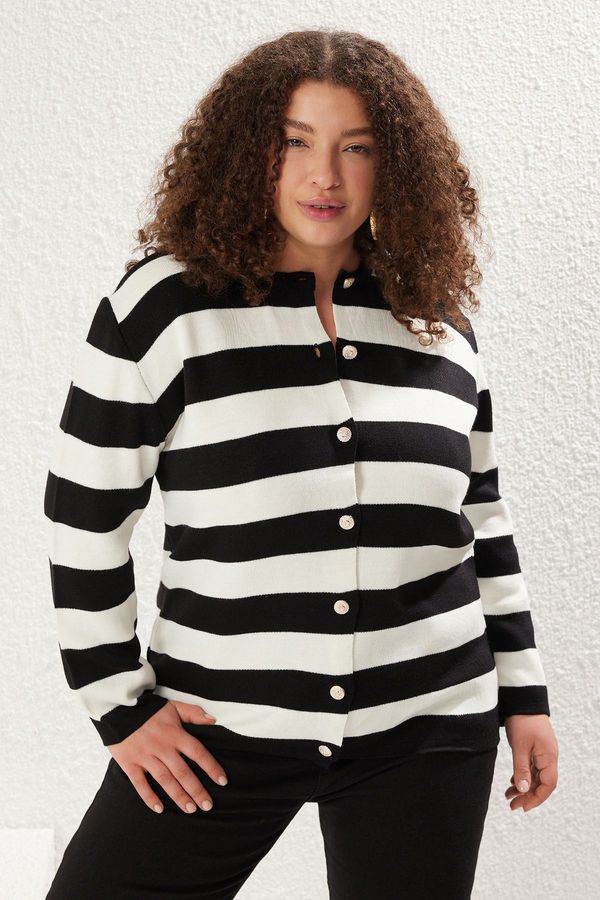 Trendyol Trendyol Curve Ecru Striped Crew Neck Knitwear Cardigan