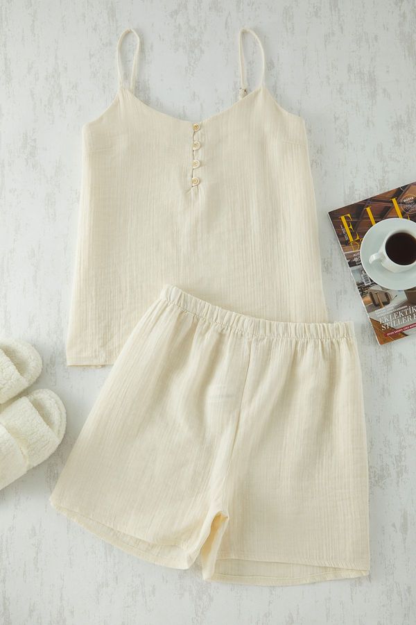 Trendyol Trendyol Curve Ecru V Neck Buttoned Muslin Woven Pajama Set