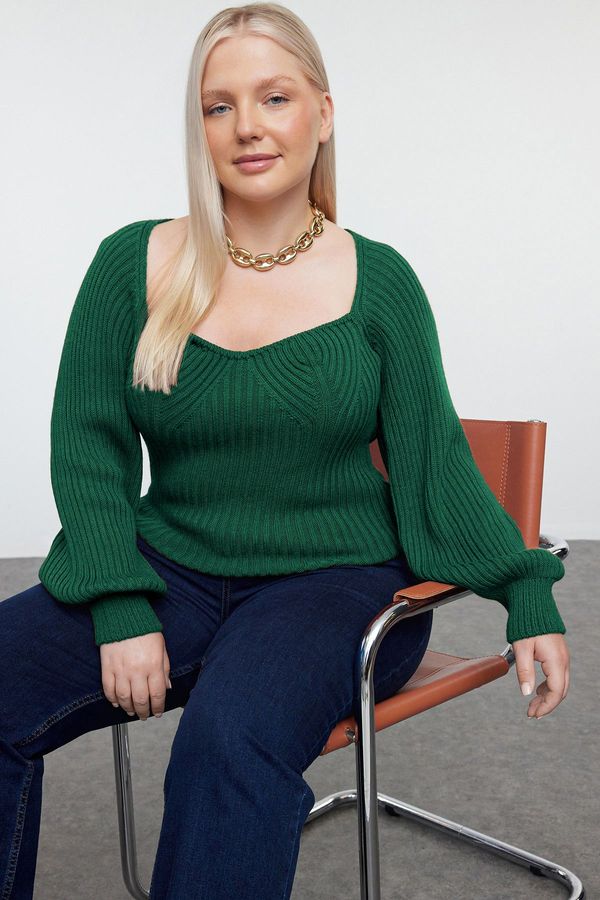 Trendyol Trendyol Curve Emerald Green Heart Neck Ribbed Knit Sweater