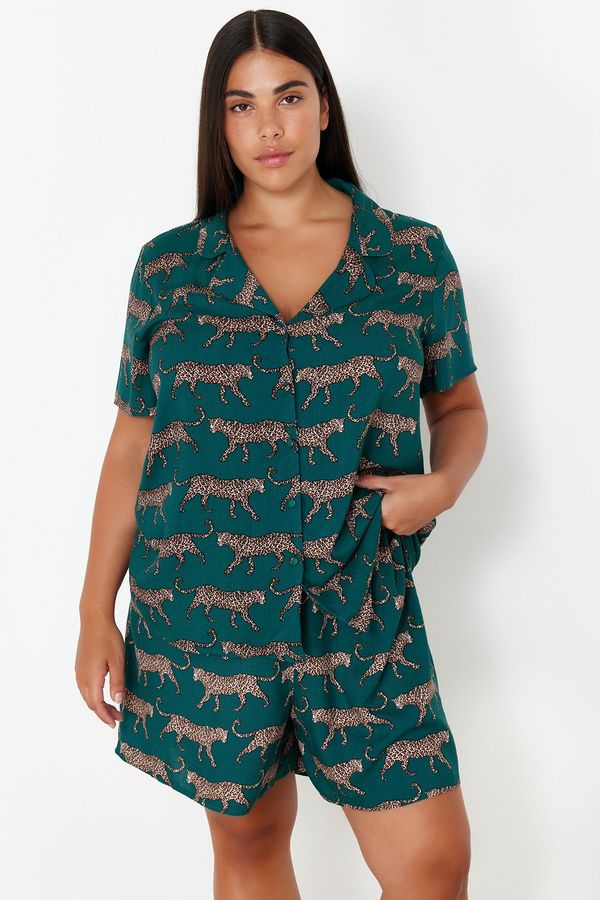 Trendyol Trendyol Curve Emerald Green Patterned Shirt Collar Woven Pajama Set