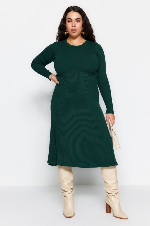 Trendyol Trendyol Curve Emerald Green Ribbed Crew Neck Midi Knit Dress