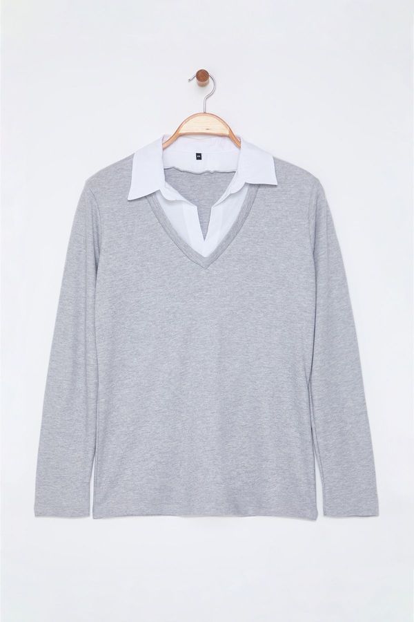 Trendyol Trendyol Curve Gray Jersey Knitted Plus Size Blouse