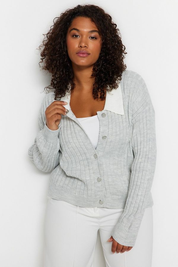 Trendyol Trendyol Curve Gray Melange Ribbed Collar Detailed and Buttoned Knitwear Cardigan