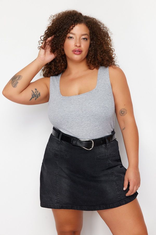 Trendyol Trendyol Curve Gray Melange Square Neck Plain Basic Camisole Plus Size Undershirt