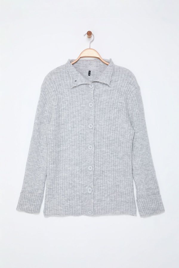 Trendyol Trendyol Curve Gray Soft Textured Stand Collar Knitwear Cardigan