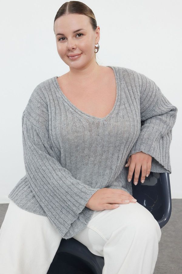 Trendyol Trendyol Curve Gray V-Neck Ribbed Knitwear Sweater