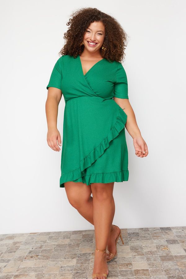 Trendyol Trendyol Curve Green Double Breasted Flounce Knitted Dress Double Breasted Flounce Mini Knitted Dress