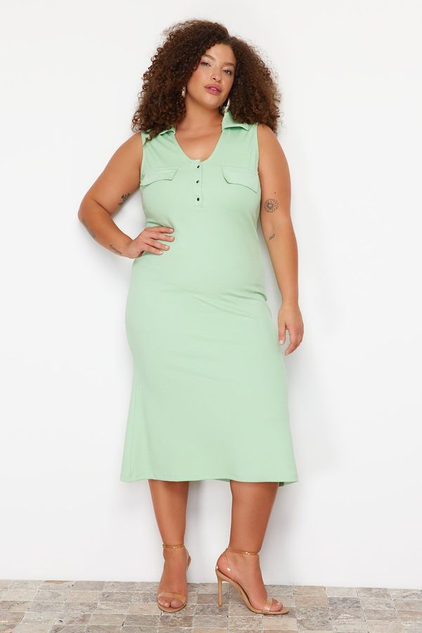 Trendyol Trendyol Curve Green Polo Neck Buttoned Midi Knitted Dress