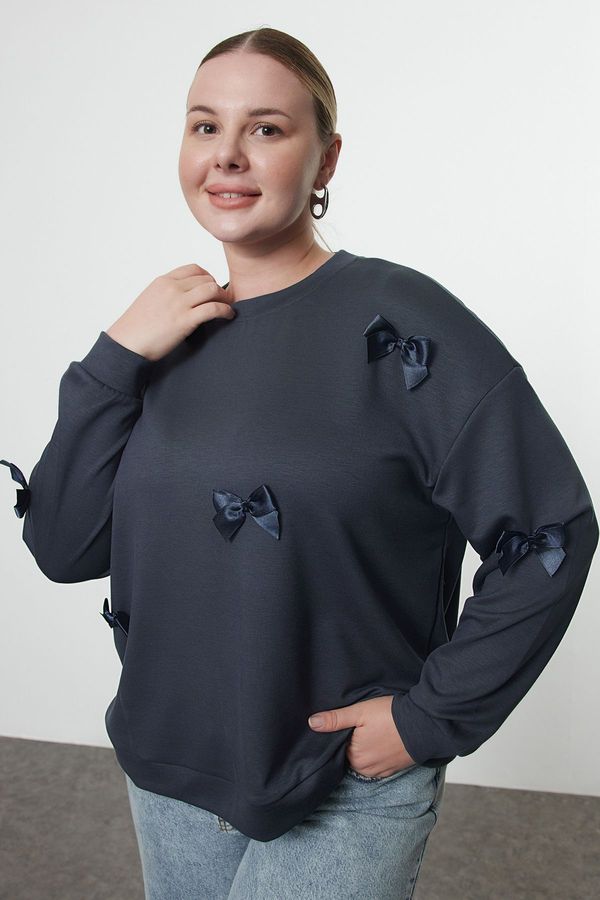 Trendyol Trendyol Curve Grey Ribbon Detailed Oversize Modal Knitted Sweatshirt