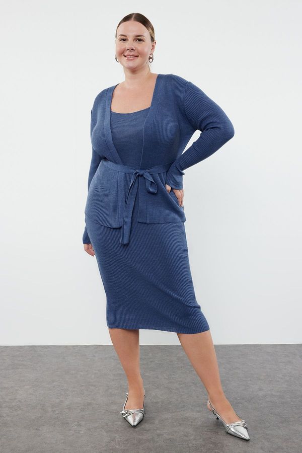 Trendyol Trendyol Curve Indigo Ribbed Belted Midi Length 2-Piece Plus Size & Maternity Knitwear Cardigan-Dress