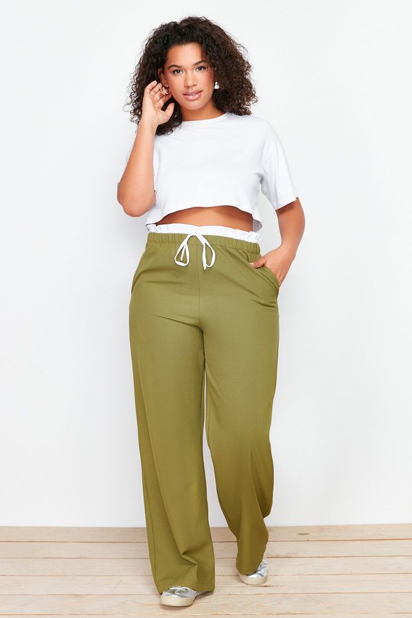 Trendyol Trendyol Curve Khaki Flexible Waist Wide Leg/Wide Cut Woven Fabric Trousers