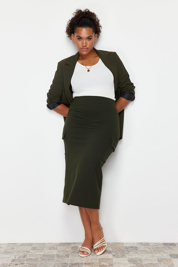 Trendyol Trendyol Curve Khaki Pocket Detailed Midi 100% Cotton Knitted Skirt