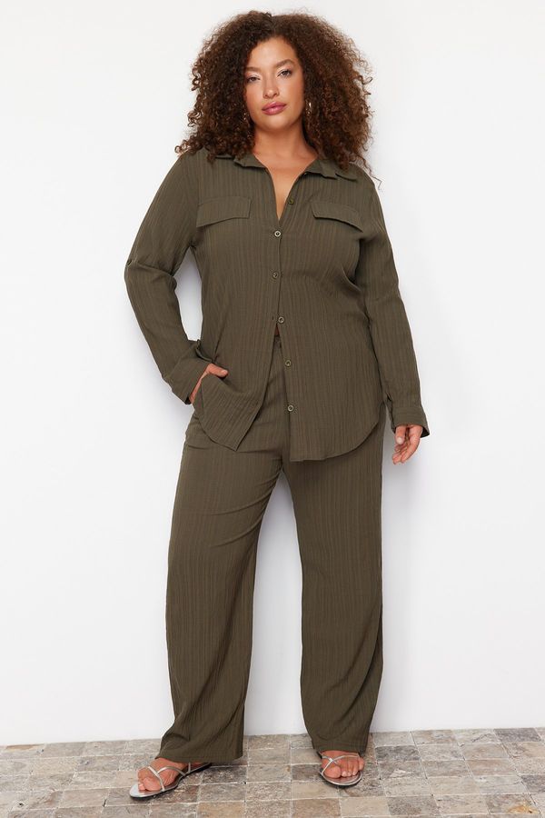 Trendyol Trendyol Curve Khaki Textured Buttoned Woven Shirt-Pants Plus Size Bottom-Top Set