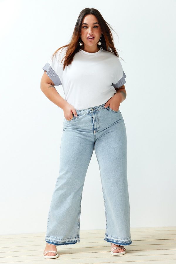 Trendyol Trendyol Curve Light Blue Color Blocked Wide Cut Jeans