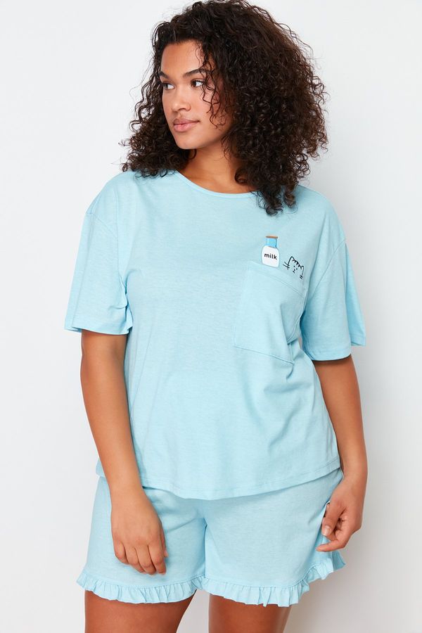 Trendyol Trendyol Curve Light Blue Cotton Printed Knitted Pajama Set