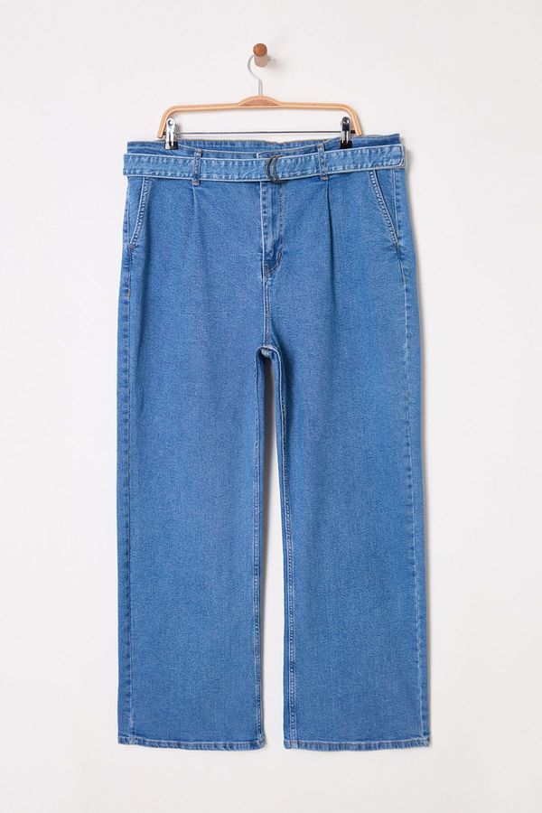 Trendyol Trendyol Curve Light Blue High Waist Belted Wide Leg Plus Size Jeans