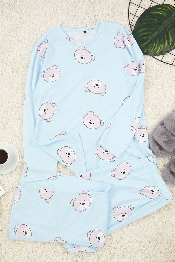 Trendyol Trendyol Curve Light Blue Teddy Bear Patterned Knitted Pajama Set