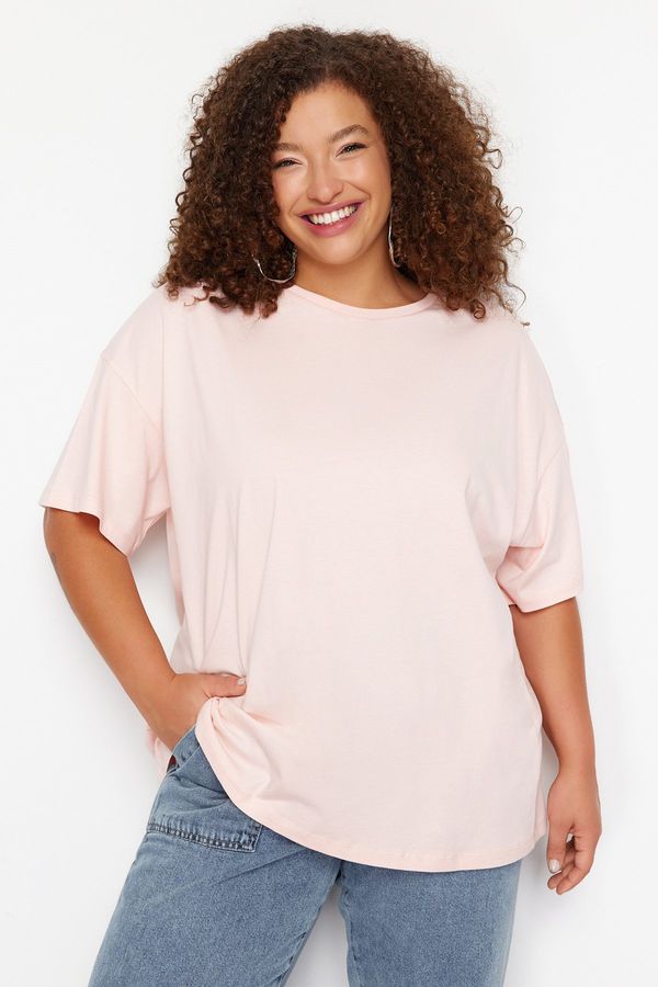 Trendyol Trendyol Curve Light Pink 100% Cotton Back Printed Wide Comfort Fit Crew Neck Knitted T-Shirt