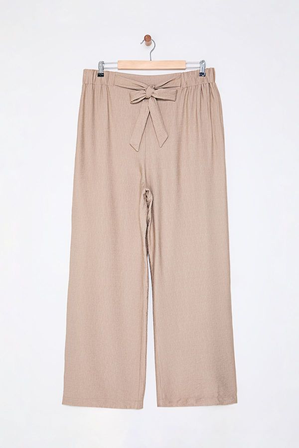 Trendyol Trendyol Curve Mink Elastic Elastic Waist Belted Wide Leg Woven Plus Size Trousers