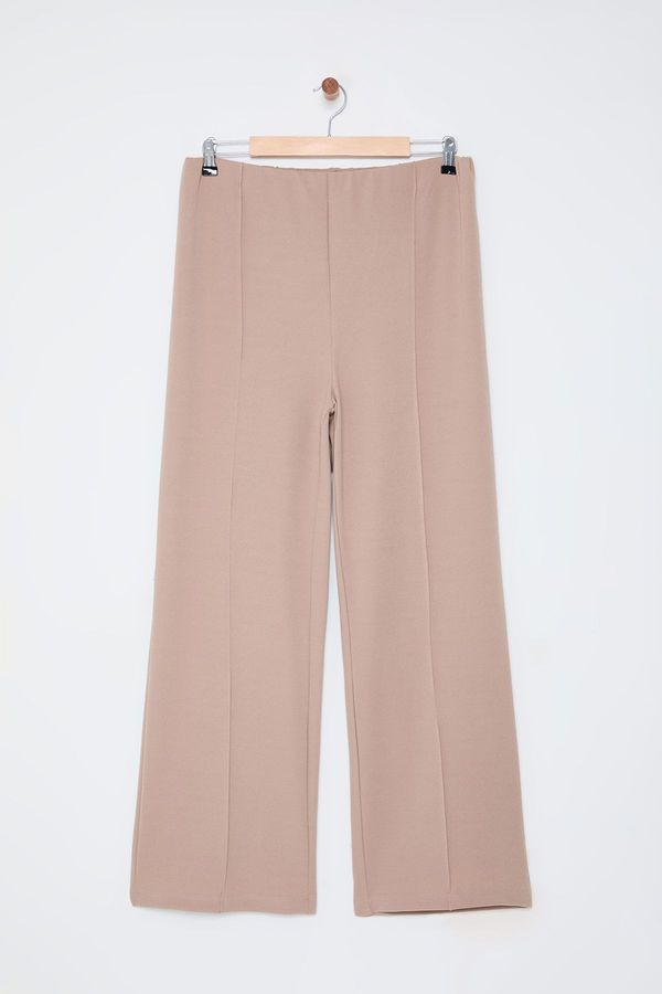 Trendyol Trendyol Curve Mink Ribbed Detailed Elastic Waist Knitted Wide Leg Plus Size Trousers