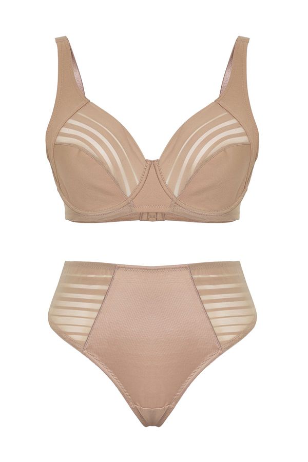 Trendyol Trendyol Curve Mink Striped Underwire Cupless Plus Size Lingerie Sets