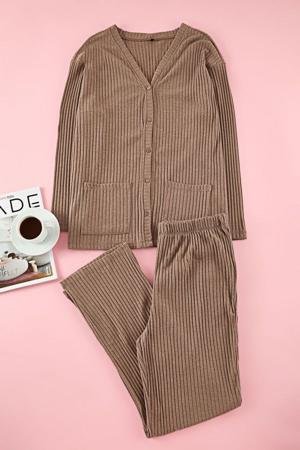 Trendyol Trendyol Curve Mink V-Neck Buttoned Knitted Pajama Set