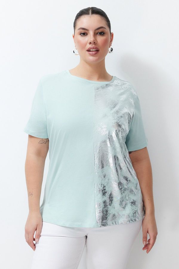 Trendyol Trendyol Curve Mint Foil Print Detailed Boyfriend Knitted T-shirt