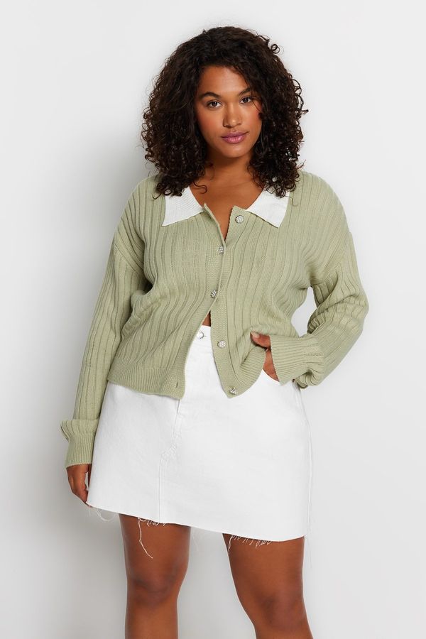 Trendyol Trendyol Curve Mint Ribbed Collar Detailed Buttoned Knitwear Cardigan