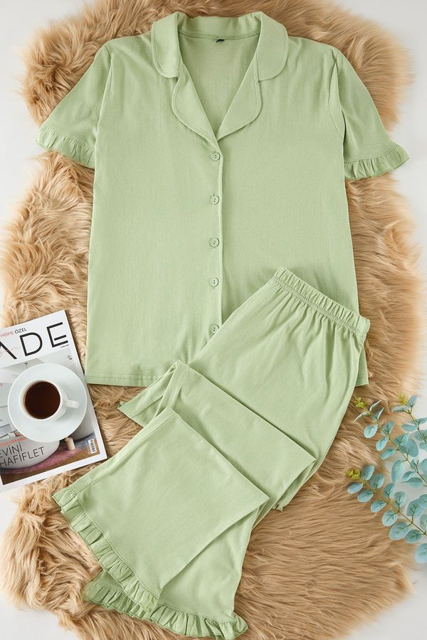 Trendyol Trendyol Curve Mint Ruffle Sleeve Shirt Collar Knitted Pajama Set TBBAW25AI00090