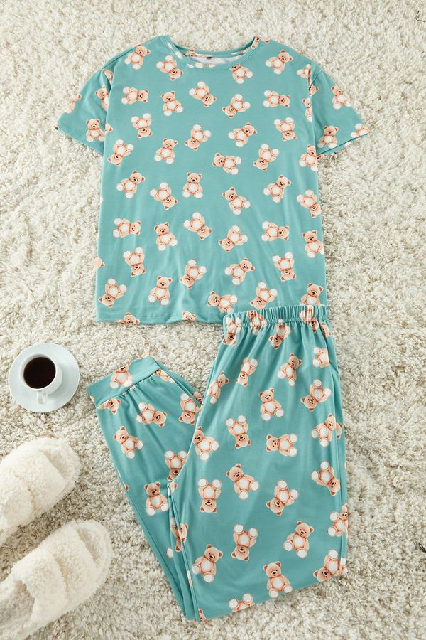 Trendyol Trendyol Curve Mint Teddy Bear Patterned Jogger Fit Knitted Pajama Set