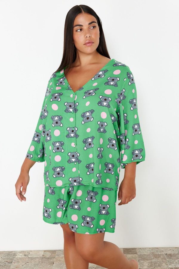 Trendyol Trendyol Curve Mint V-Neck Koala Patterned Woven Pajama Set