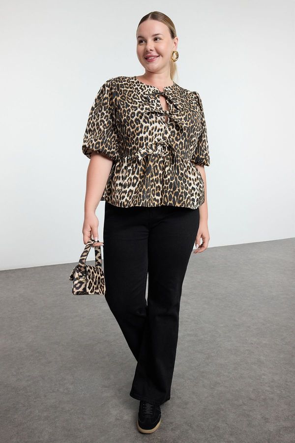 Trendyol Trendyol Curve Multicolored Women's Bow Leopard Patterned Woven Plus Size Blouse