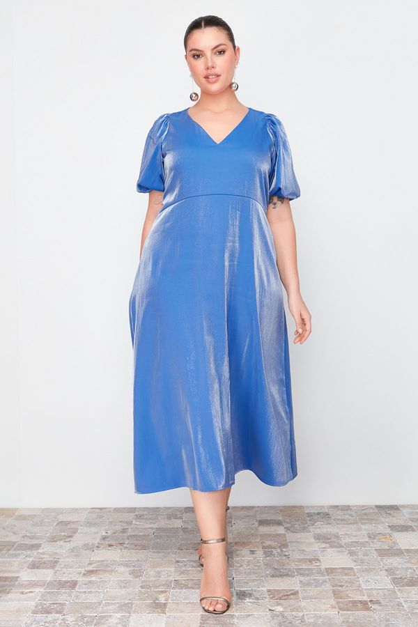 Trendyol Trendyol Curve Navy Blue Balloon Sleeve Metallic Woven Dress