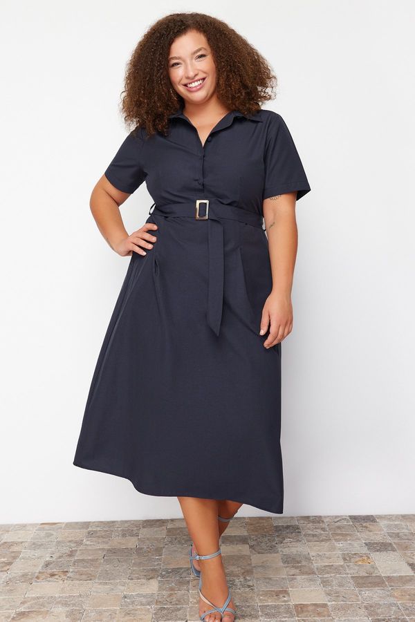 Trendyol Trendyol Curve Navy Blue Belt Detailed Woven Plus Size Dress