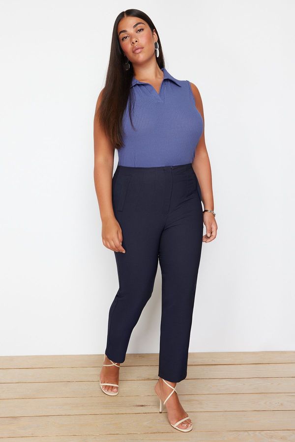 Trendyol Trendyol Curve Navy Blue Cigarette Fleto Pocket Woven Plus Size Fabric Trousers